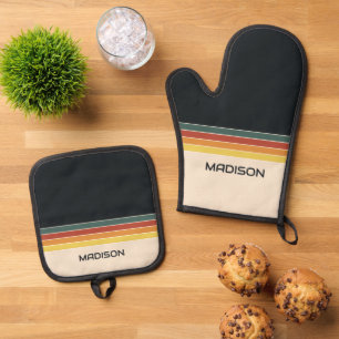 Retro 70er Streifen Personalisiert Ofenhandschuh & Topflappen-Set