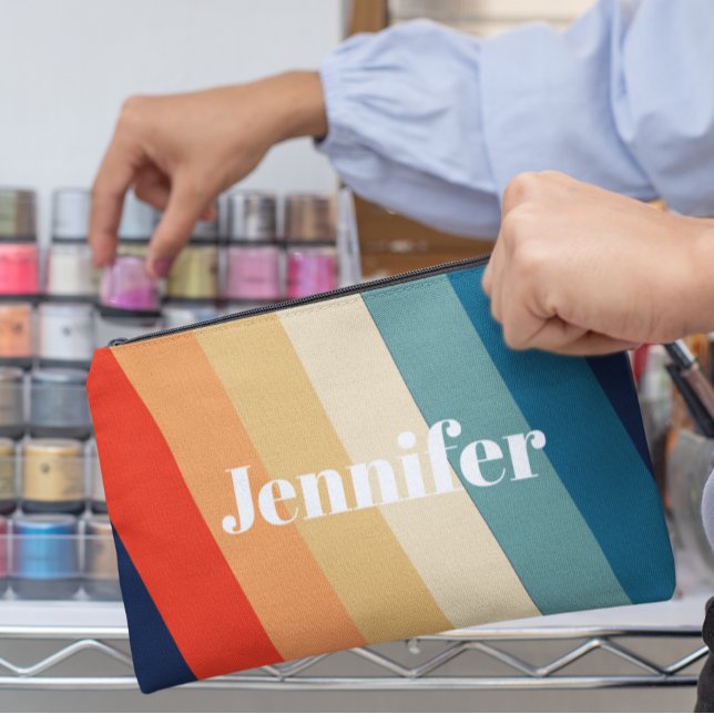 Retro 70er Streifen Personalisierter Name Zubehörtasche (Von Creator hochgeladen)