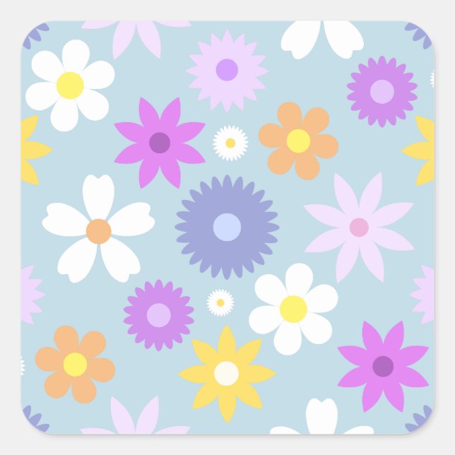 Retro 70er Style Blume Lg Muster Pastellfarben Quadratischer Aufkleber (Vorderseite)