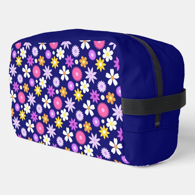Retro 70er Style Blume Pattern auf Dunkelblau Waschbeutel (Linke Seite)