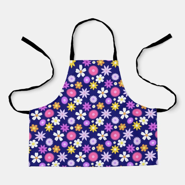 Retro 70er Style Blume Rpt Muster auf Dunkelblau Schürze (Vorderseite)