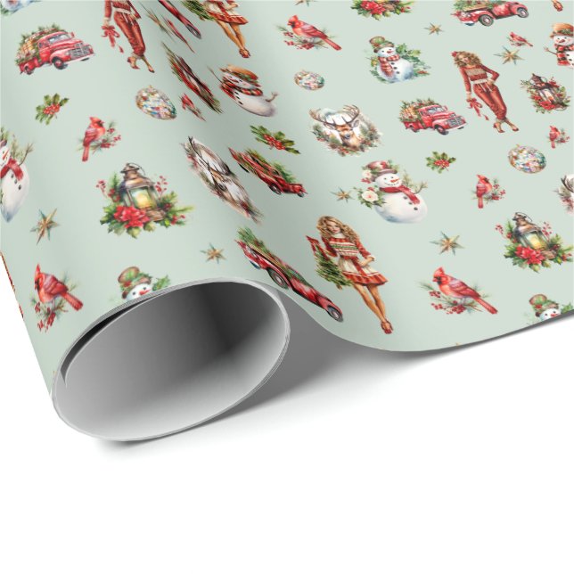 Retro 70er Weihnachten Vintage Winterszenen Geschenkpapier (Rolleneckpunkt)