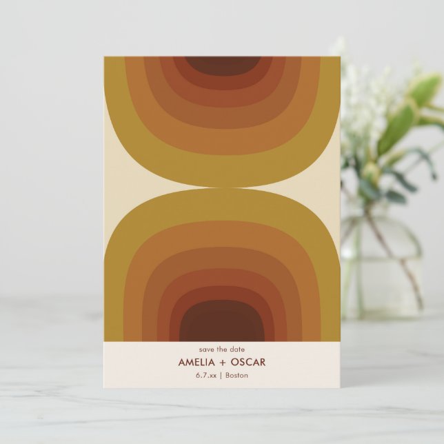 Retro 70s Abstract Arches Rust Terracotta Mustard Save The Date (Stehend Vorderseite)