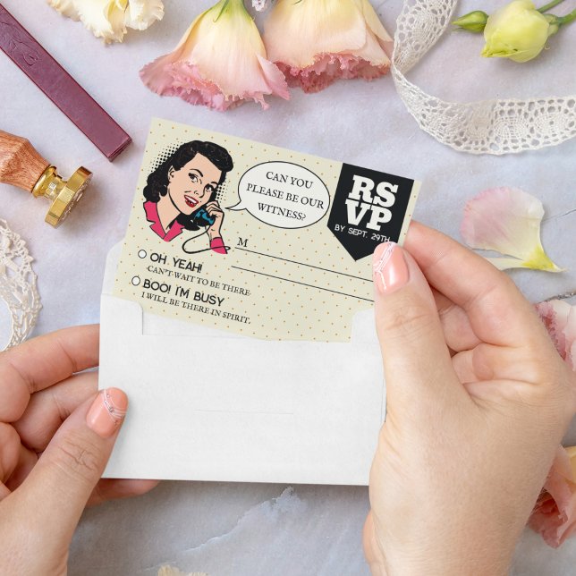 Retro 70's Comic Book Pop Art Fun Wedding RSVP Karte (Von Creator hochgeladen)
