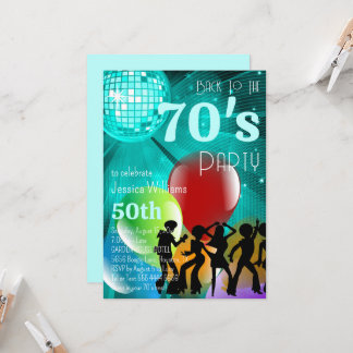 Retro 70's Disco Ball & Balloons Aquamarin Geburts Einladung