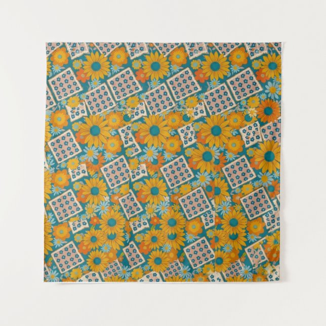 Retro 70s Floral Patchwork Pattern Wandteppich (Vorderseite)