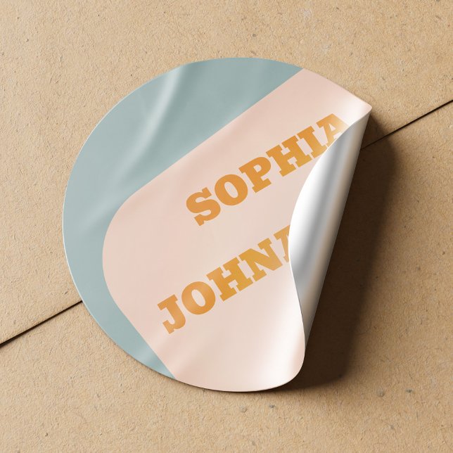 Retro 70s groovy dusty blue orange wedding runder aufkleber (Von Creator hochgeladen)