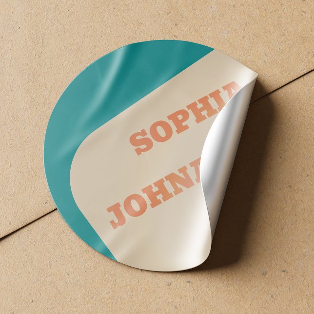 Retro 70s groovy teal orange beige wedding runder aufkleber (Von Creator hochgeladen)