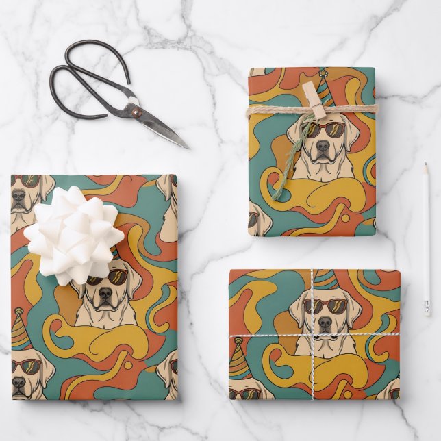 Retro 70s Labrador Retriever Birthday Geschenkpapier Set (Vorderseite)