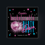 Retro 70's Neon Look Disco Ball Bachelorette Button<br><div class="desc">Mit diesem Retro-Disco-Ball "Welcome" zu [name's] "Bachelorette Disco Party" in Rosa, Elektro-Blau und Rosa- und Silberton mit rosa, blauen und silberfarbenen Sternen (keine Folie) auf schwarzem Hintergrund können Sie in die 70er und Party zurückblicken. Beachten Sie, dass der Name von bachelorette in rosa bearbeitbarem Skripttext steht. Das Textdesign von "Welcome"...</div>