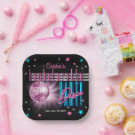 Retro 70's Neon Look Disco Ball Bachelorette Pappteller<br><div class="desc">Mit diesem Retro-Disco-Ball "Welcome" zu [name's] "Bachelorette Disco Party" in Rosa, Elektro-Blau und Rosa- und Silberton mit rosa, blauen und silberfarbenen Sternen (keine Folie) auf schwarzem Hintergrund können Sie in die 70er und Party zurückblicken. Beachten Sie, dass der Name von bachelorette in rosa bearbeitbarem Skripttext steht. Das Textdesign von "Welcome"...</div>