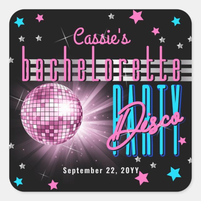 Retro 70's Neon Look Disco Ball Bachelorette Quadratischer Aufkleber (Vorderseite)