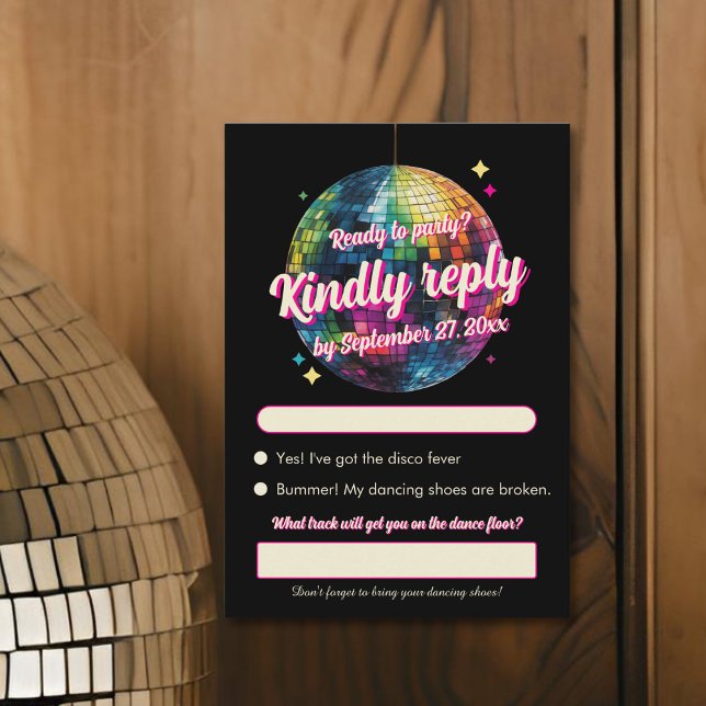 Retro 70's Party Disco Ball Sparkle Glam Wedding  RSVP Karte (Front view retro 70s disco ball wedding fun nightlife statement wedding RSVP Card)
