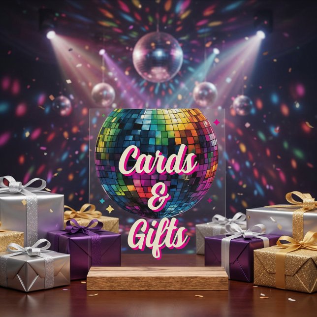 Retro 70's Party Disco Ball Wedding Cards & Gifts (Front view retro 70s disco ball wedding sparkly vintage party glam festive Cards & Gifts Sign)