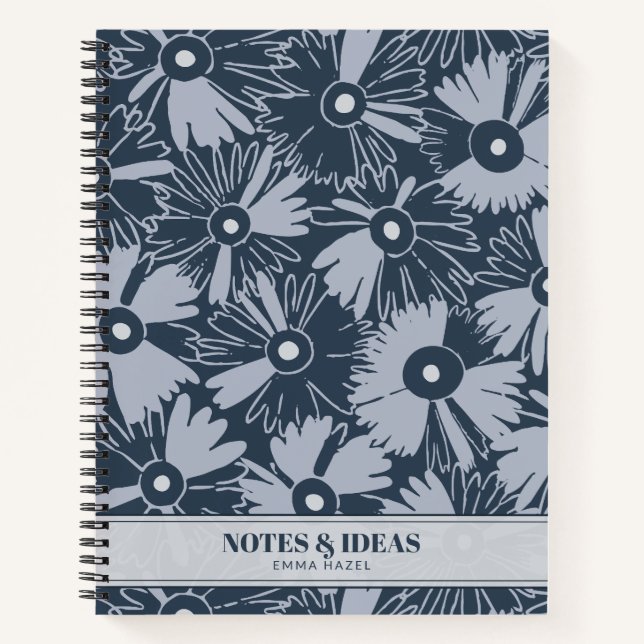 Retro 70s Wildflower & Polka Dot Personalized Navy Notizbuch (Vorderseite)