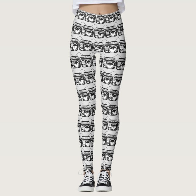 Retro 80er Boombox Grau Muster  Leggings (Vorderseite)