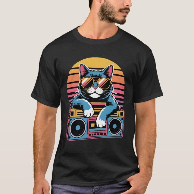 Retro 80er Cat mit Sonnenbrille - Synthwave Kitty T-Shirt (Vorderseite)