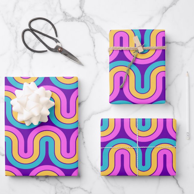 Retro 80er Geometric Gradient Wave Design Geschenkpapier Set (Vorderseite)
