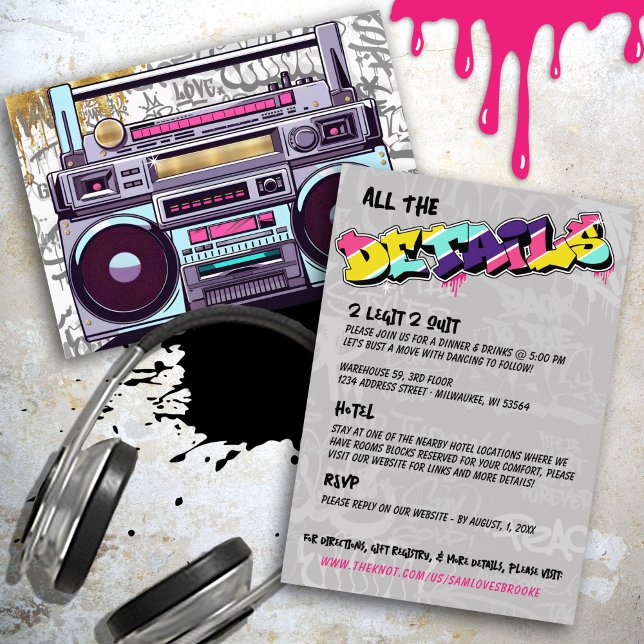 Retro 80er Hip Hop Gold Boombox Hochzeitdetails Begleitkarte (Retro 80's Hip Hop boombox colorful graffiti hot pink aqua gold record album wedding details card)