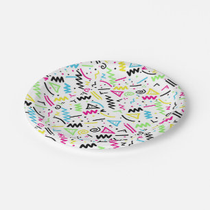 Retro 80er Jahre Neon Pink Green Blue Yellow Doodl Pappteller
