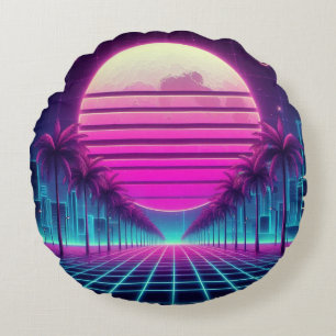 Retro, 80er Neon Mond/Palmen Rundes Kissen