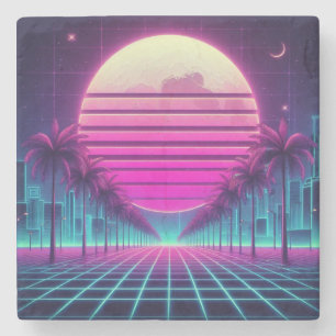 Retro, 80er Neon Mond/Palmen Steinuntersetzer