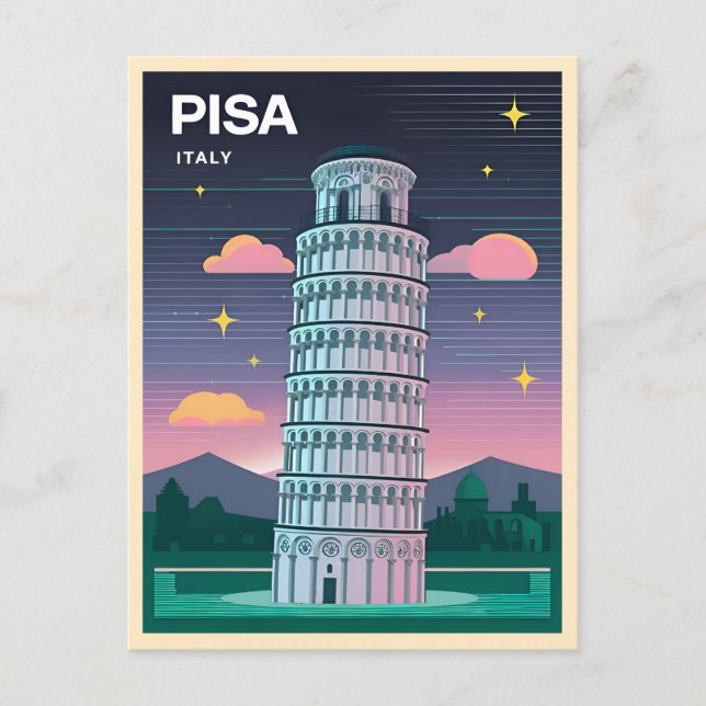 Retro 80er Neon Synthwave Leaning Tower Pisa Itali Postkarte (Vorderseite)