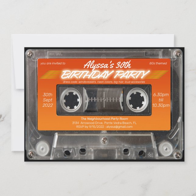 Retro 80er Orange Mixtape KassettenParty Einladung (Vorderseite)