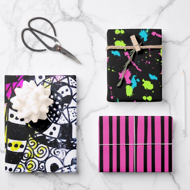 Retro 80er Paint Spritzer Streifen Graffiti Doodle Geschenkpapier Set (Vorderseite)