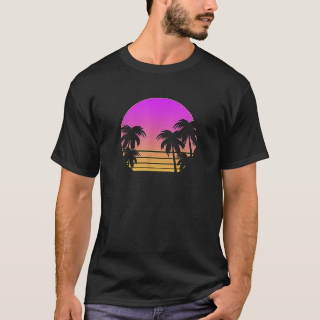 Retro 80er Palms Trees Vaporwave Outrun Art Sunset T-Shirt (Vorderseite)