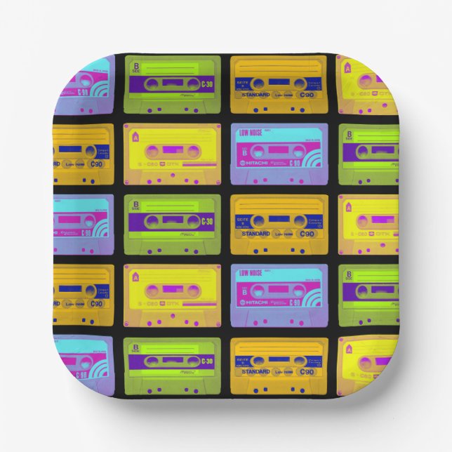 Retro 80er Pop Art Kassetten Pappteller (Vorderseite)