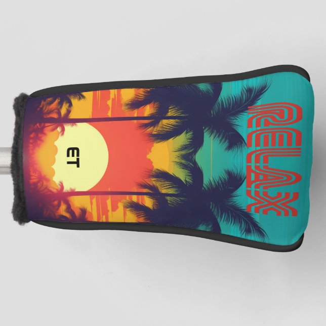 Retro 80er 'RELAX' Tropischer Sonnenuntergang Golf Headcover (Vorderseite)