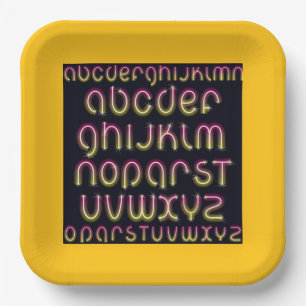 Retro-80er Rosa und Gelb leuchtendes Neon-Alphabet Pappteller