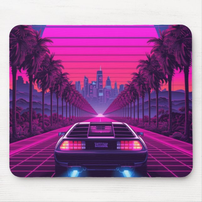 Retro 80er Synthwave Neon Auto Schreibtischmatte & Mousepad (Vorne)