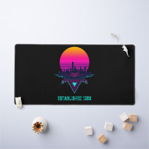 Retro 80er Synthwave Stadt Neon-Schreibtischunterl Schreibtischunterlage