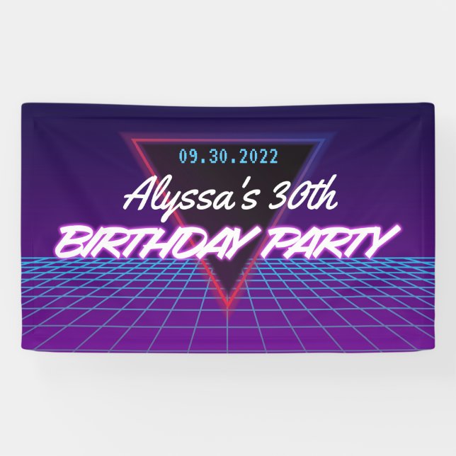 Retro 80er Themed Neon Lila Pink Birthday Party Banner (Horizontal)
