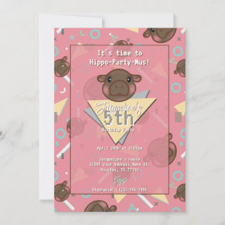 Retro 80's Pink Baby Hippo Birthday Einladung