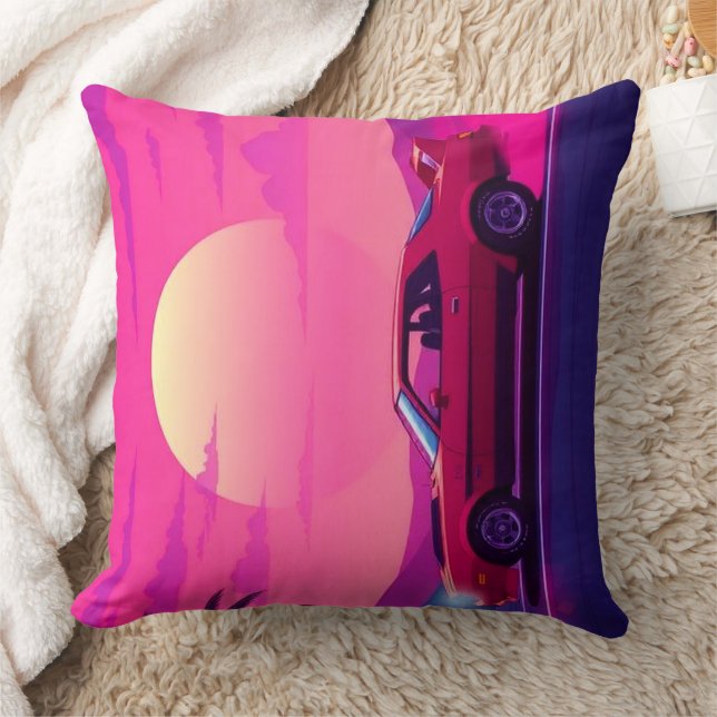 Retro 80s Synthwave Sunset Car Throw Pillow Kissen (Decke)