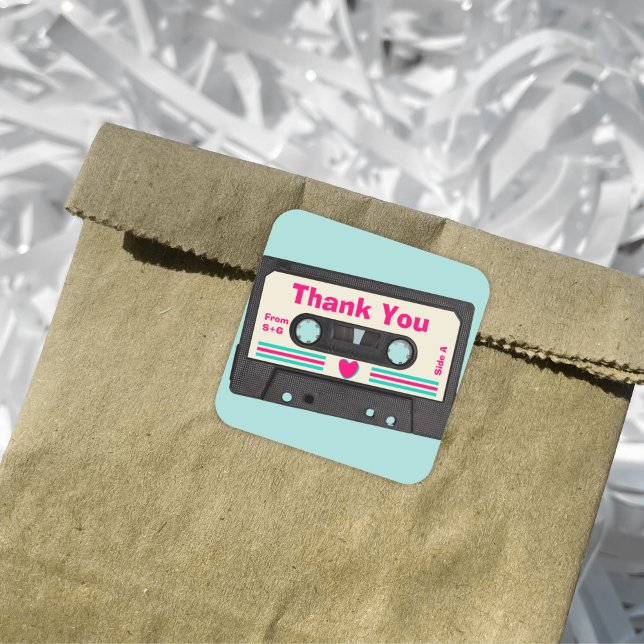 Retro 80ties Music Mix Tape Wedding Vielen Dank Quadratischer Aufkleber (Von Creator hochgeladen)