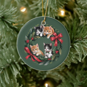 Retro 90er Katzen-Weihnachtskranz Retro-Katzenlieb Keramik Ornament