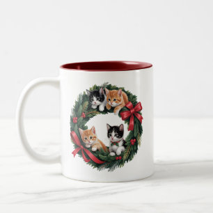 Retro 90er Katzen-Weihnachtskranz Retro-Katzenlieb Zweifarbige Tasse