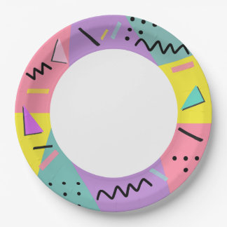 Retro 90er Memphis geometrisches Farbblock-Design Pappteller