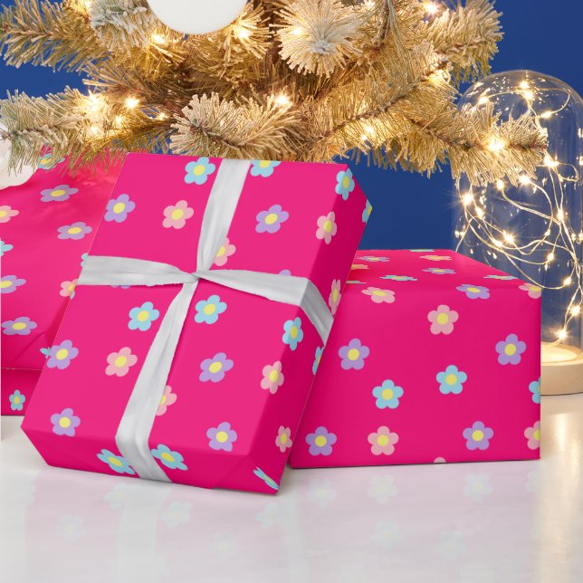 Retro 90er Y2k Pastel Blume Hot Pink Geschenkpapier (Feiertage)