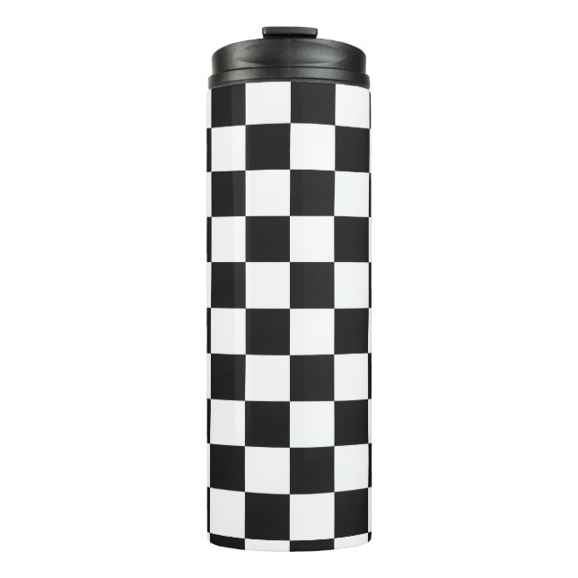 Retro 90s 00s Black and White Checkered Pattern Thermosbecher (Vorderseite)