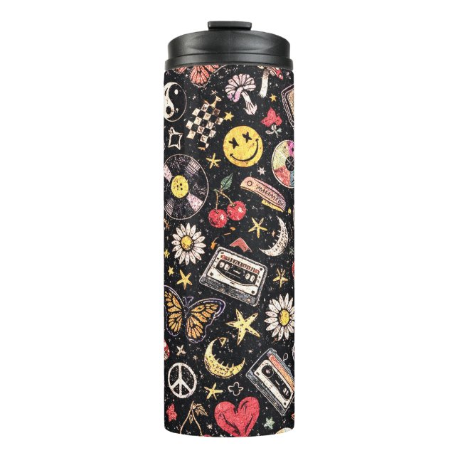 Retro 90s Celestial Psychedelic Pattern with Smile Thermosbecher (Vorderseite)