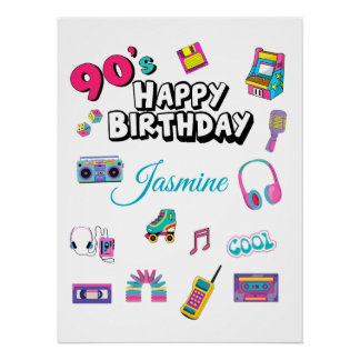 Retro 90s Party Custom Name Happy Birthday Poster