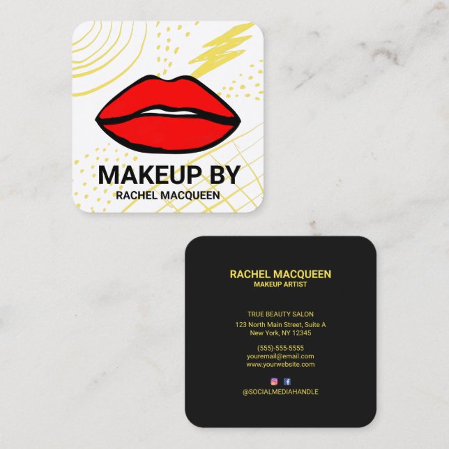 Retro 90's Red Yellow Geometric Lips Makeup Quadratische Visitenkarte (Vorne/Hinten)