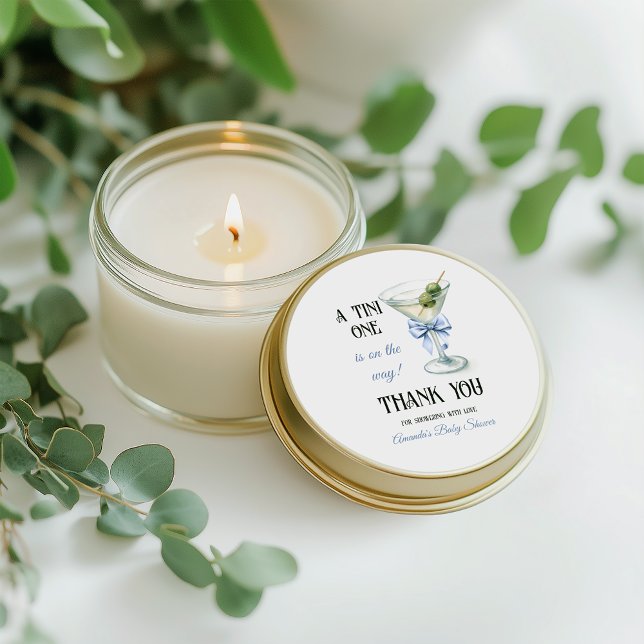 Retro A Tini One Martini Blue Bow Boy Baby Shower Runder Aufkleber (Von Creator hochgeladen)