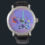 Retro-Abend bei Zuhause Watch Armbanduhr<br><div class="desc">Dieser Retro-Abend bei Zuhause Watch sieht aus wie eine Szene aus einer romantischen Comedy aus den 1960er Jahren. Das minimalistische Design besticht durch ein attraktives Cartoon-Paar im Wohnzimmer eines modernen Hauses aus der Mitte des Jahrhunderts. Der Raum ist mit einer lila und blauen Steinwand und einem lila und blau gestreiften...</div>