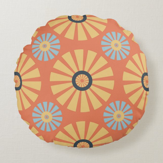 Retro Abstrablau und Orange Daisies Muster Rundes Kissen (Vorderseite)